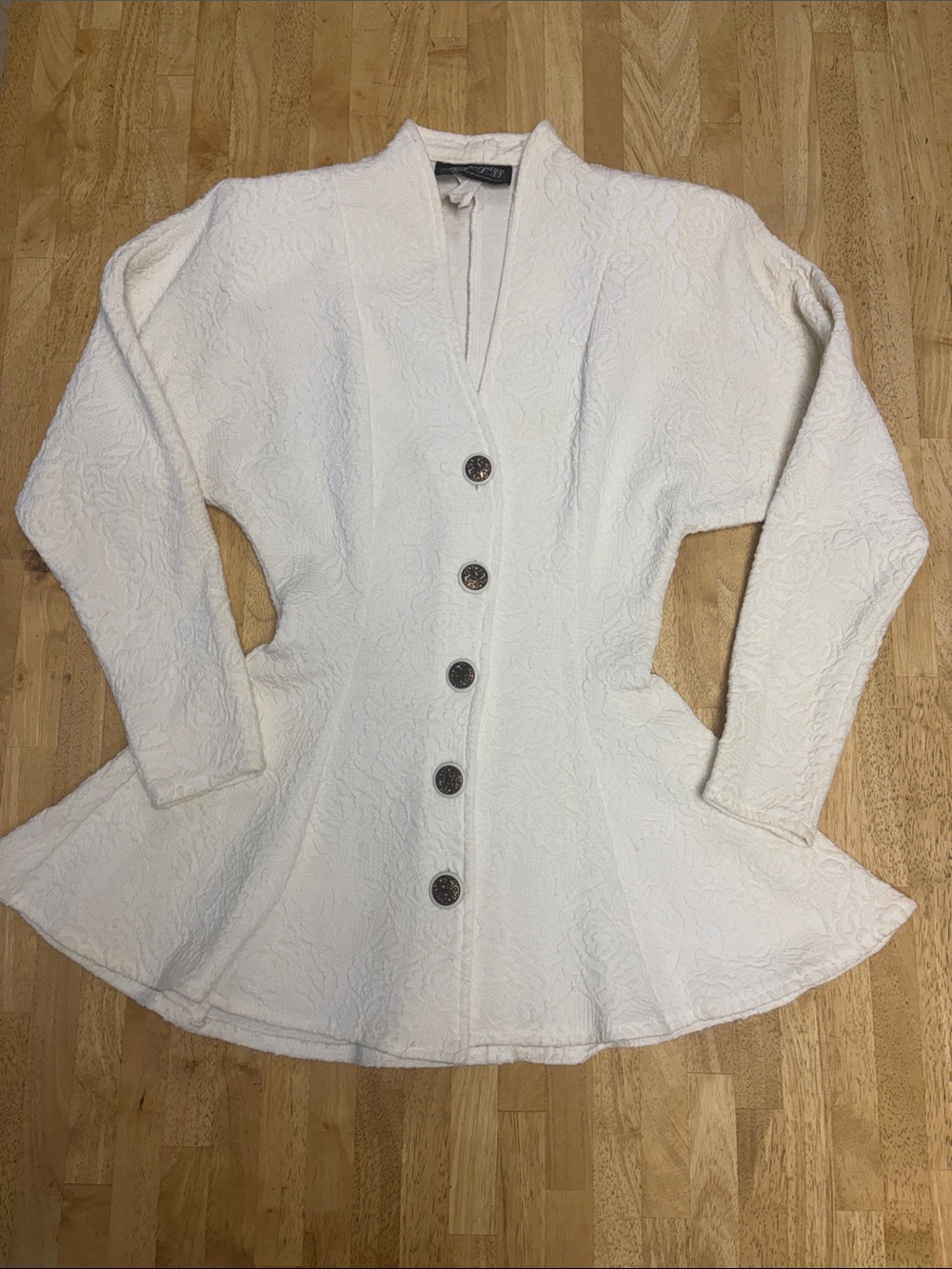VTG 80’s All That Jazz Matelasse Peplum Blazer Jacket Cream Padded Shoulders 5/6